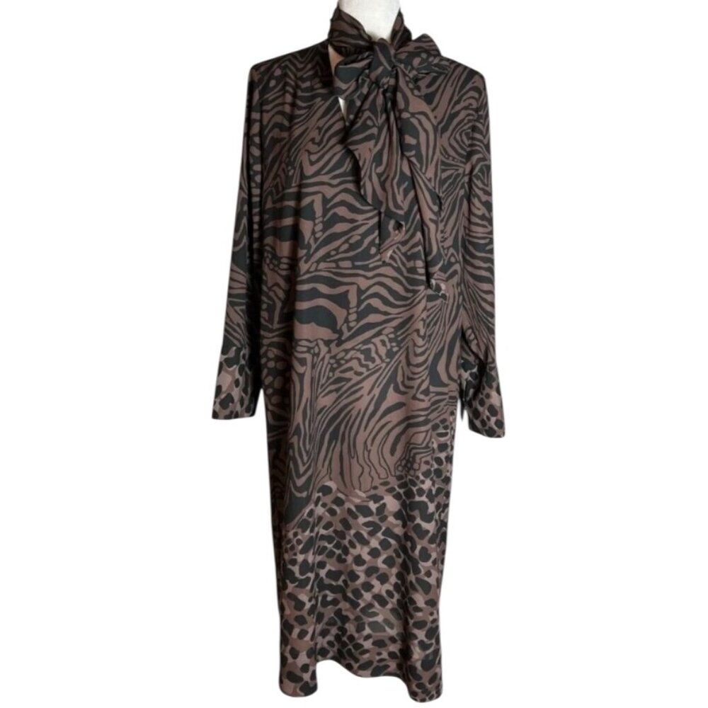 Black Label by Chico's Animal Print Tie Neck Midi Dress M Zrbra Cheetah Mixed - Picture 2 of 13
